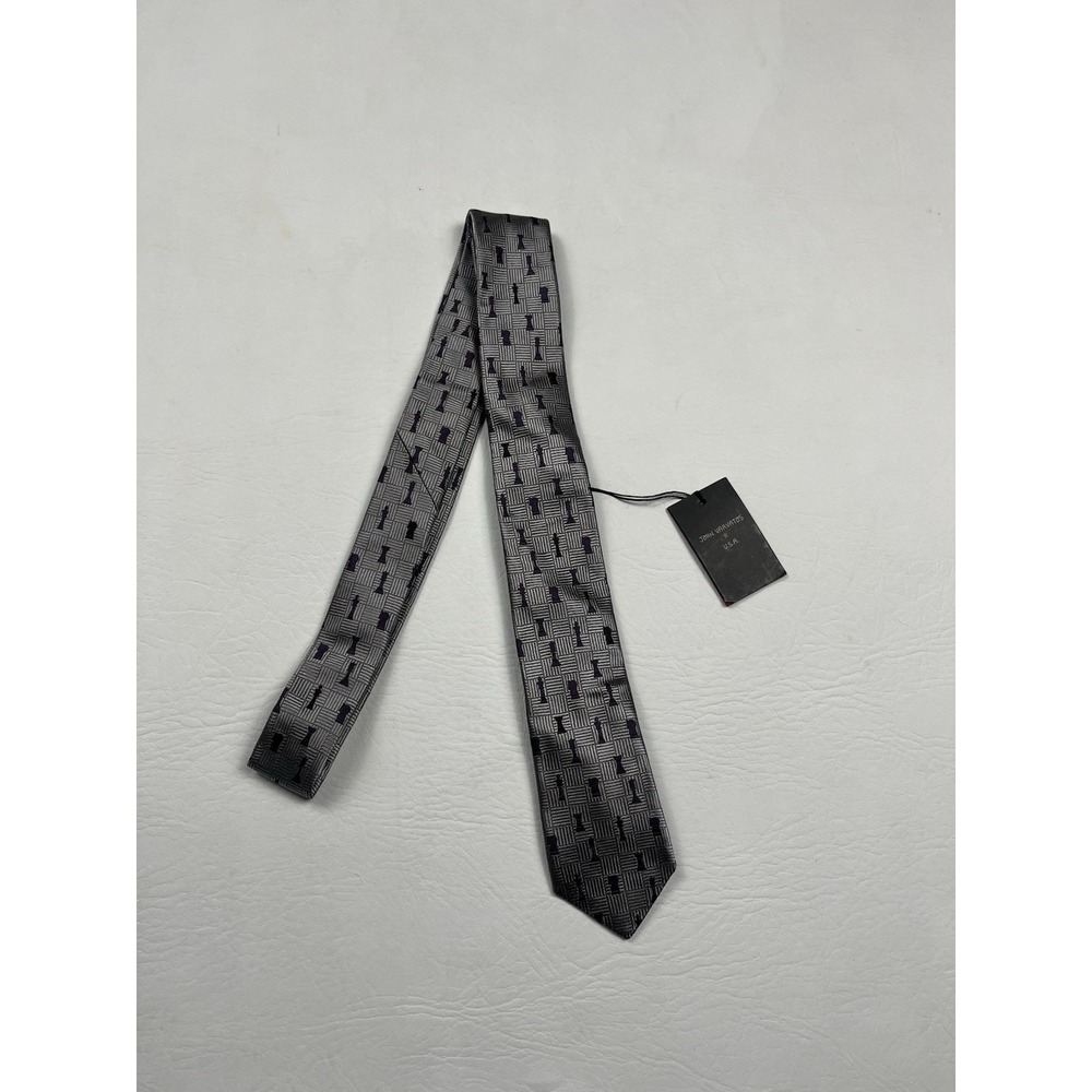 John Varvatos USA Silk Tie Mens Gray Purple Chess Pieces Woven Geometric Necktie